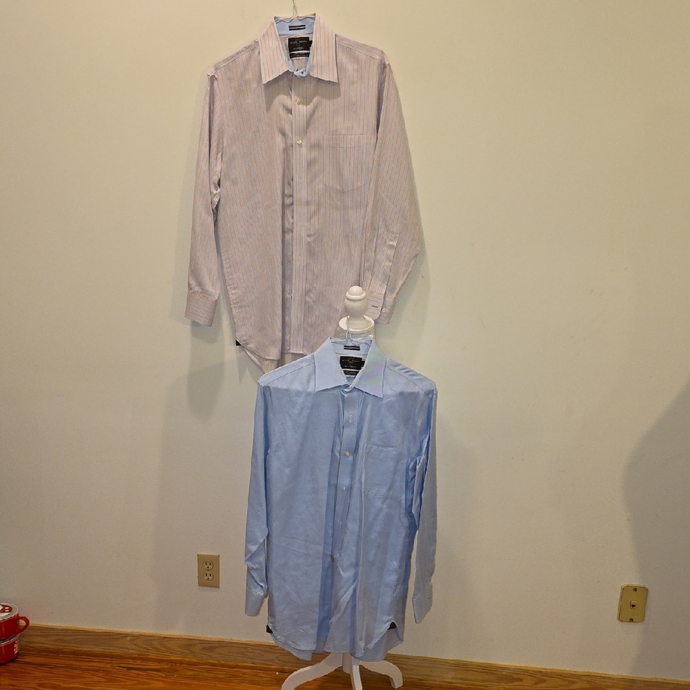 2 Black Brown 1826 Mens Dress Shirts  Lt. Blue and Blue/White Srrip Dress Shirts